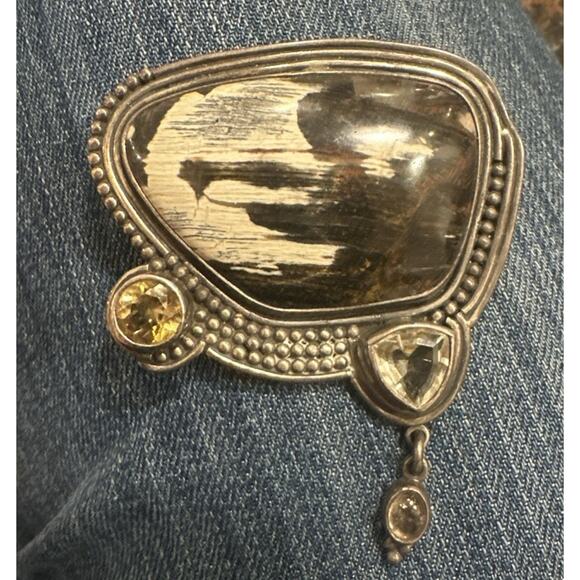 Vintage Southwestern Petrified Wood Silver Pin Brooch Artisan Citrine Sterling